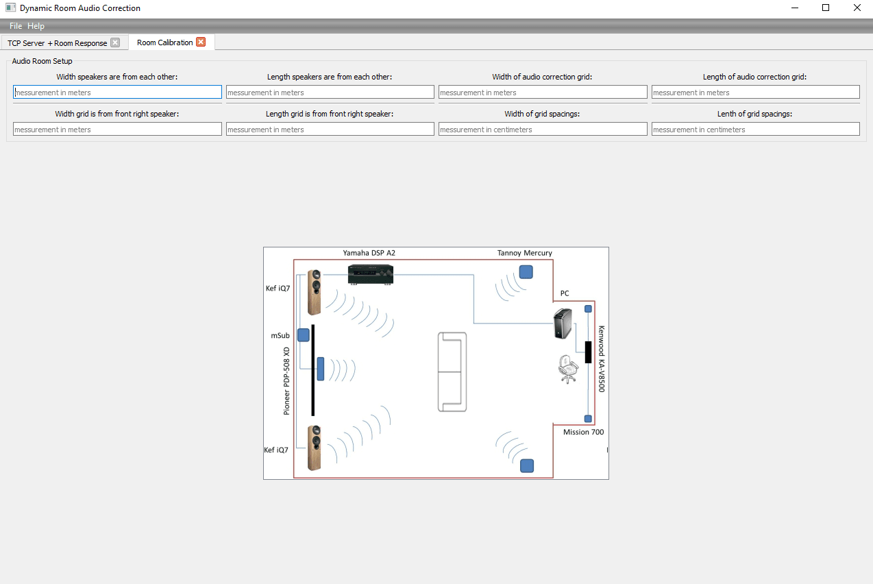 DRAC application calibration page — speaker spacing, grid offset and grid extent