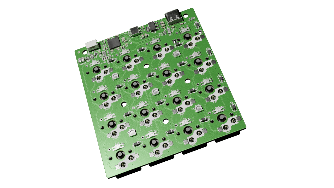 MadRP2040 bottom, 3/4 view, showing SK6812MINI-E LEDs and routing