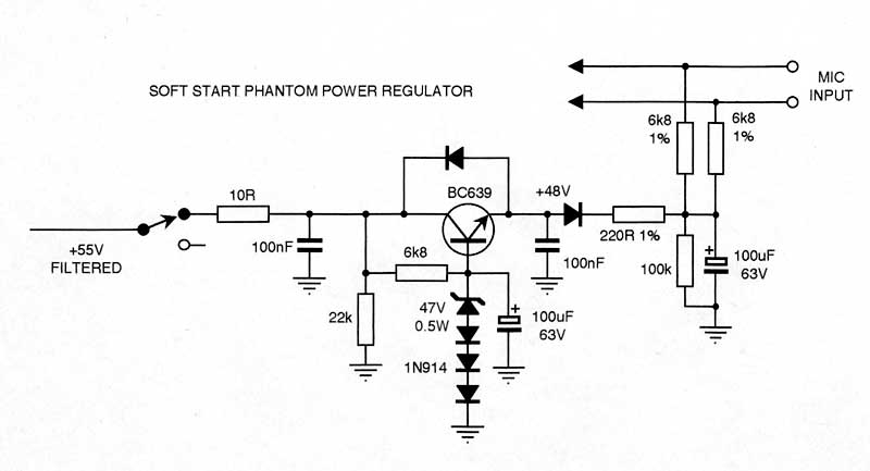 Soft-start phantom power regulator schematic